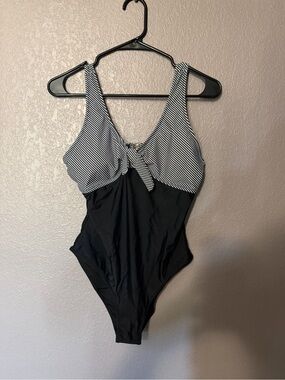 Striped Black One-Piece Swimsuit with Front Tie